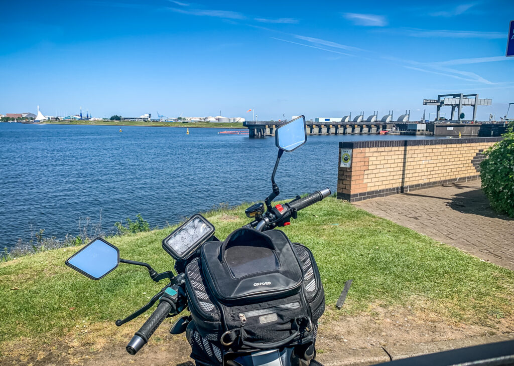 my motorcycle looking across to the barrage