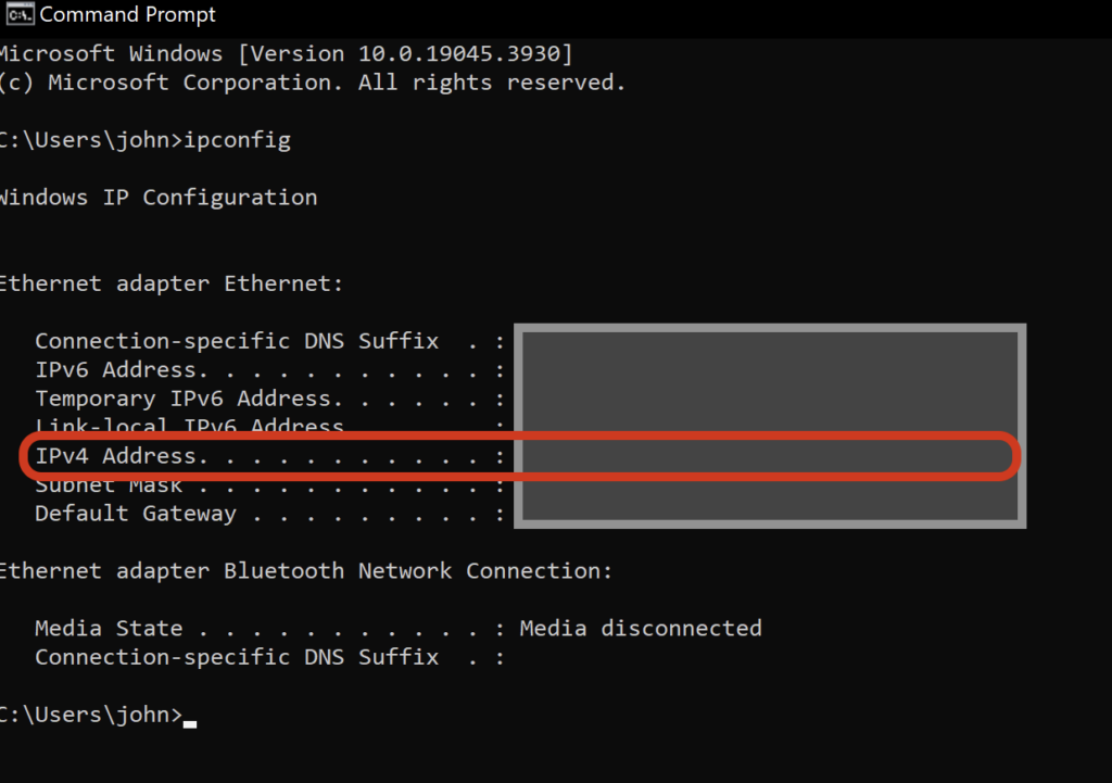 Output from Windows ipconfig